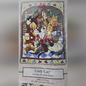 ​Cozy Cats Tapestry Woven Throw Blanket Linda Picken 50x60 100% Cotton USA  NEW